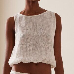 New LESET Stella Bateau Blouson Top in White tank sequins knit shirt blouse